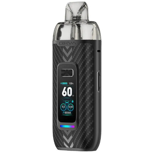 A black carbon-fiber-textured OXIVA vape device with a clear mouthpiece and a digital display showing 60 puffs and 100% battery, set against a plain white background.