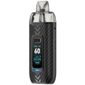A black carbon-fiber-textured OXIVA vape device with a clear mouthpiece and a digital display showing 60 puffs and 100% battery, set against a plain white background.
