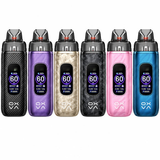 OXVA V Primez vape device lineup showing five color options: Black Carbon, Mirage Purple, Shard Gold, Shard Black, and Mirage Pink, with Blue at the bottom right. The top features the OXVA brand logo and product specifications including 3400mAh battery, 60W power, and 2ml capacity.