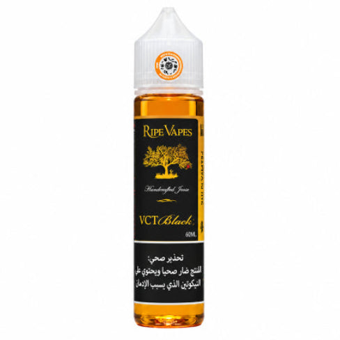 A bottle of Ripe Vapes VCV Black e-liquid, 60ml, featuring a black label with gold lettering and a white child-resistant cap, set against a plain white background with a subtle reflection.