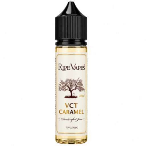 A 50ml bottle of Ripe Vapes VCT Caramel e-liquid with a black childproof cap and a cream-colored label featuring a tree illustration.