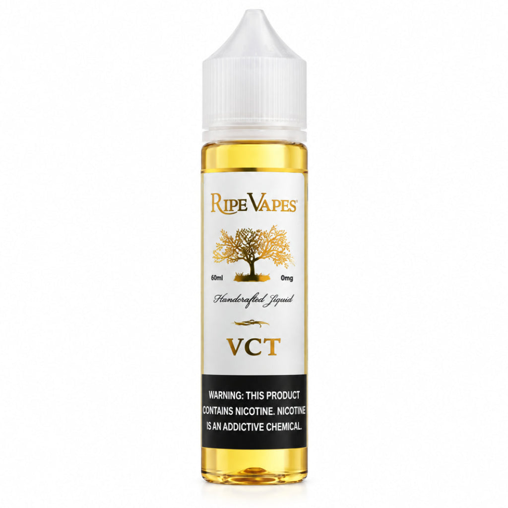 Vape juice bottle with vanilla flavor elements on a yellow background