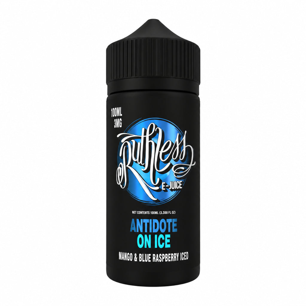 A single bottle of e-liquid on a plain white background. The bottle is black with a black cap and features a label for 'Nulife Labs' called 'Antidote on Ice' in 'Mango & Blue Raspberry 133'.