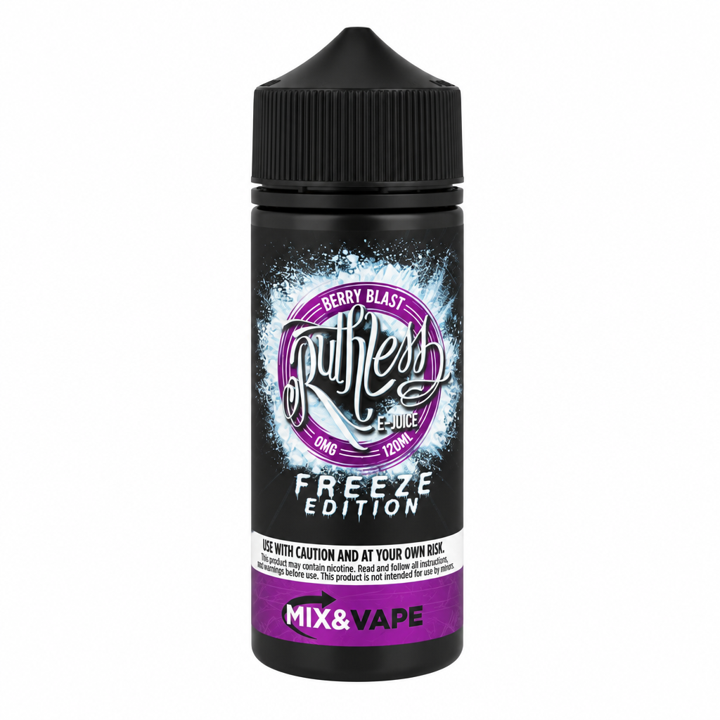 A bottle of Mix & Vape Freeze Edition e-liquid in the Berry Blast flavor. The product is in a black plastic bottle with a black cap, featuring a black and white label with purple accents.