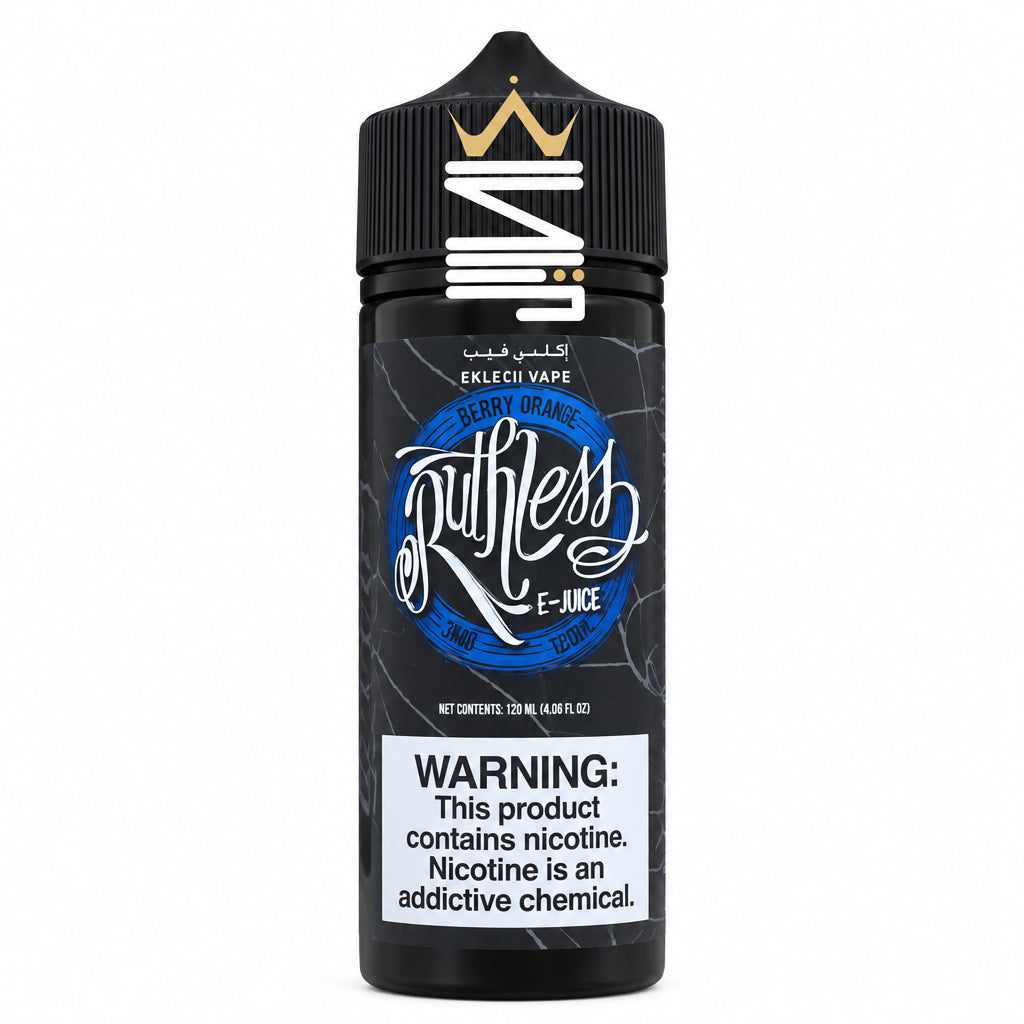 A bottle of Exkluve Vape Ruthless E-Juice in the Deep Crank flavor, featuring a black cap with a gold crown logo and a black label with blue and white graphics and a prominent nicotine warning label.
