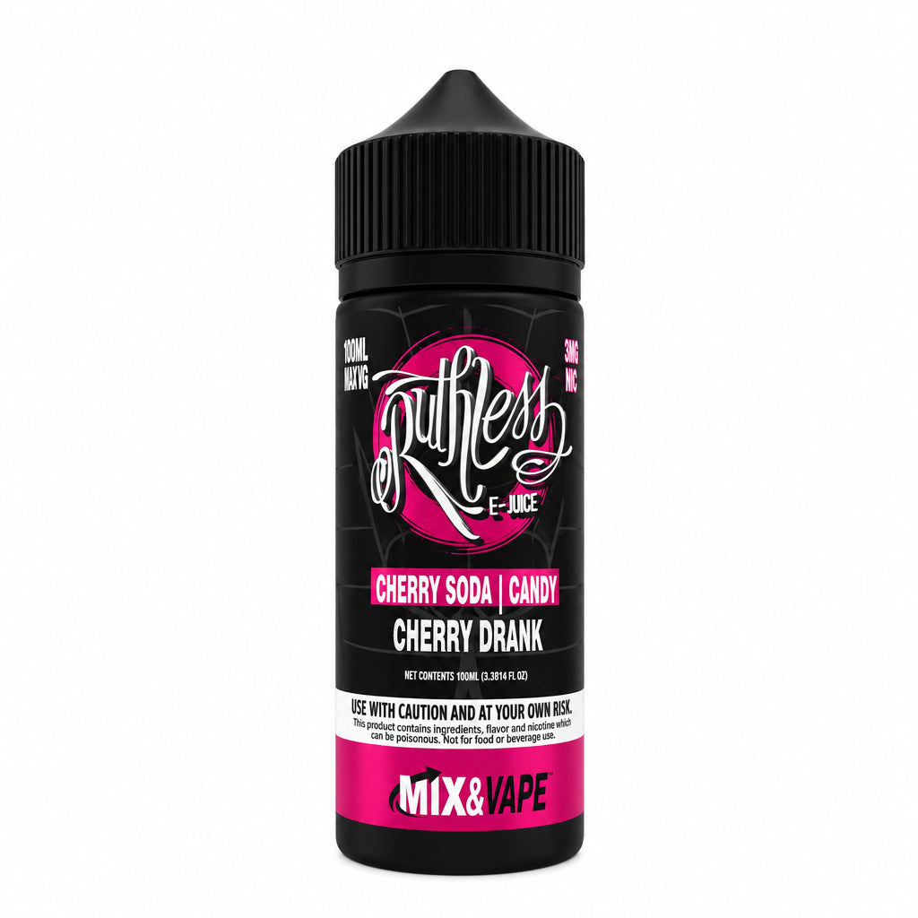 Ruthless E-Juice bottle with black cap on a white background