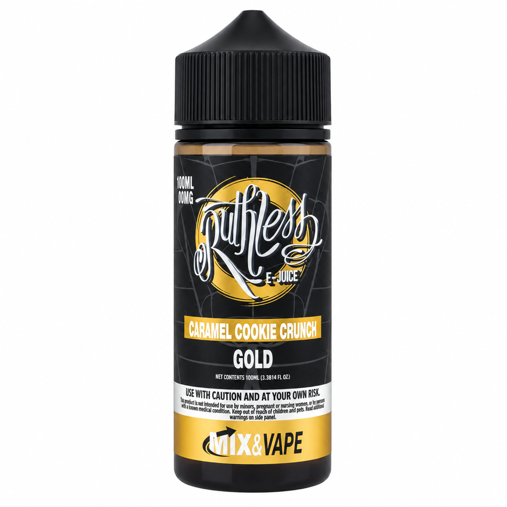 A bottle of Truth E-Juice e-liquid in the 'Caravel Cookie Crunch' flavor, featuring a black cap and a black label with gold and white text and graphics.