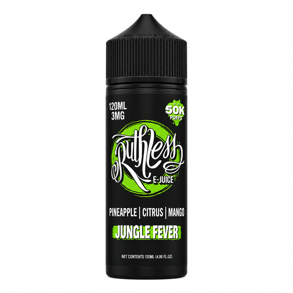 A bottle of Nulist Fizz e-liquid in the 'Jungle Fever' flavor, featuring a black bottle with a black cap and a label with green and white graphics, set against a plain white background.