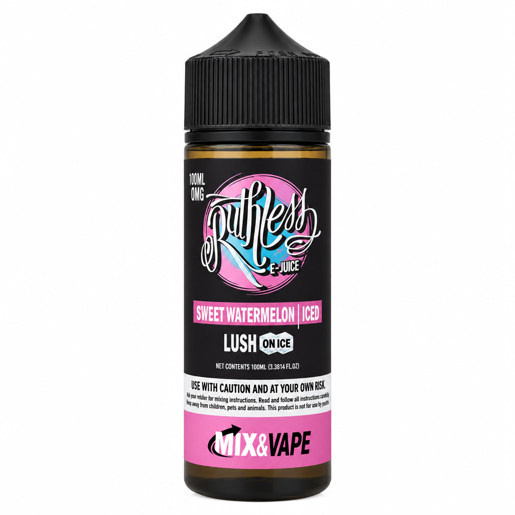 A bottle of MX&VAPE 'Southless Juice' e-liquid in 'Super Watermelon | Iced' flavor. The bottle is dark amber glass with a black ribbed cap and a black label featuring pink and white graphics.