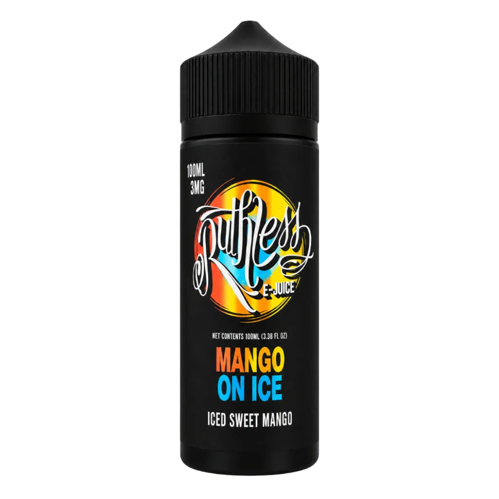 A 100ml black bottle of Pufffresh E-Liquid in the Mango On Ice flavor, featuring a colorful circular logo and white, yellow, and blue text on a solid white background.
