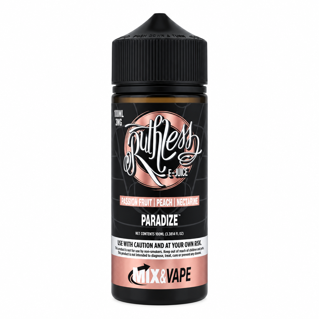 A 16 oz e-liquid bottle from Mix & Vape, flavor 'Paradize' by Ruthless Vapes, featuring a black label with rose gold and white accents and a black childproof cap, set against a plain white background.