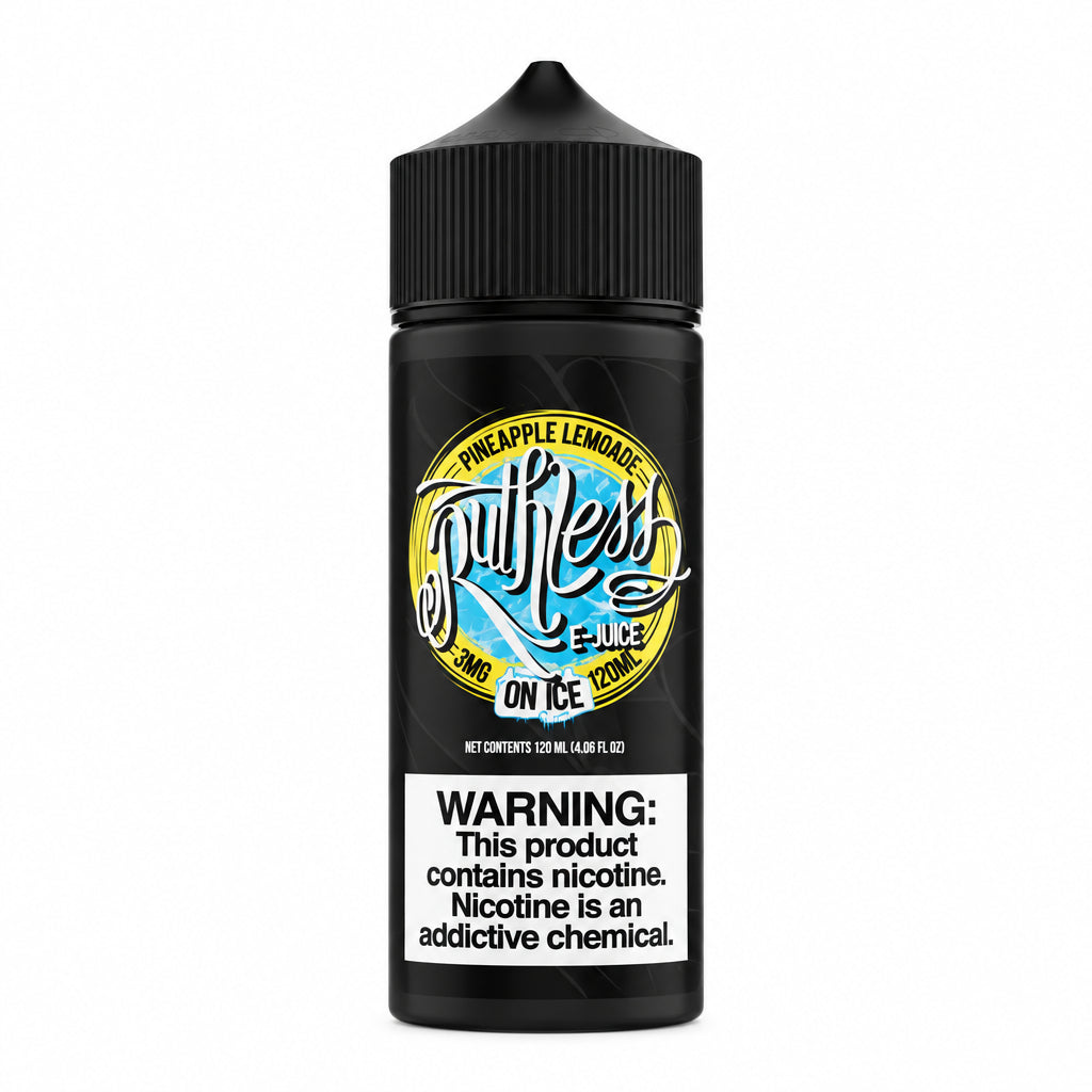 A 120ml black plastic bottle of Southless On Ice Pineapple Llamas e-liquid, featuring a black ribbed cap and a label with a gold, blue, and white logo, plus a prominent white warning label for nicotine.