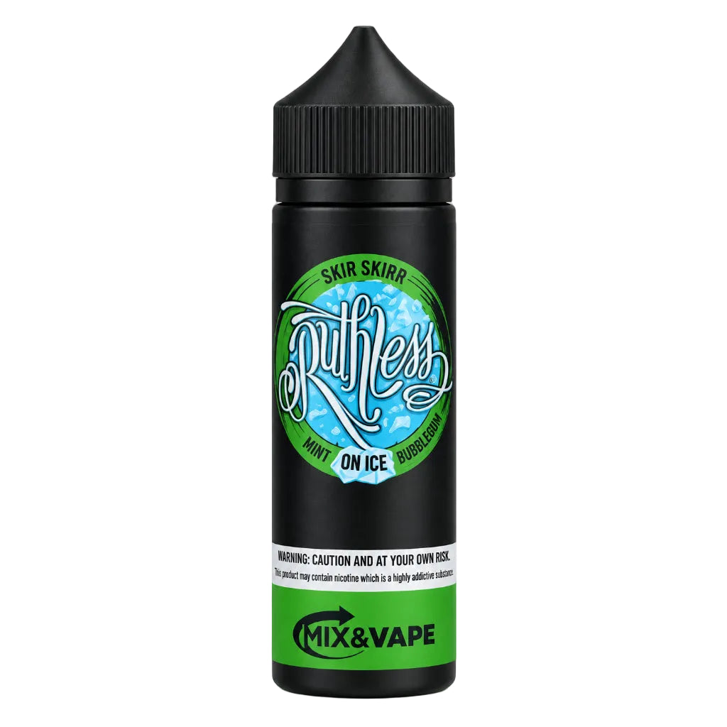 A black plastic bottle of Mix & Vape 'Ruthless' Sour Skunk On Ice e-liquid, featuring a black cap and a label with green and white graphics.