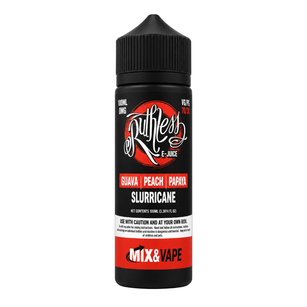 A bottle of Mix & Vape Ruthless E-Juice e-liquid in the Guava, Peach, Papaya, and Slurricane flavor. The bottle is black with a ribbed cap and features a label with red, white, and black graphics.