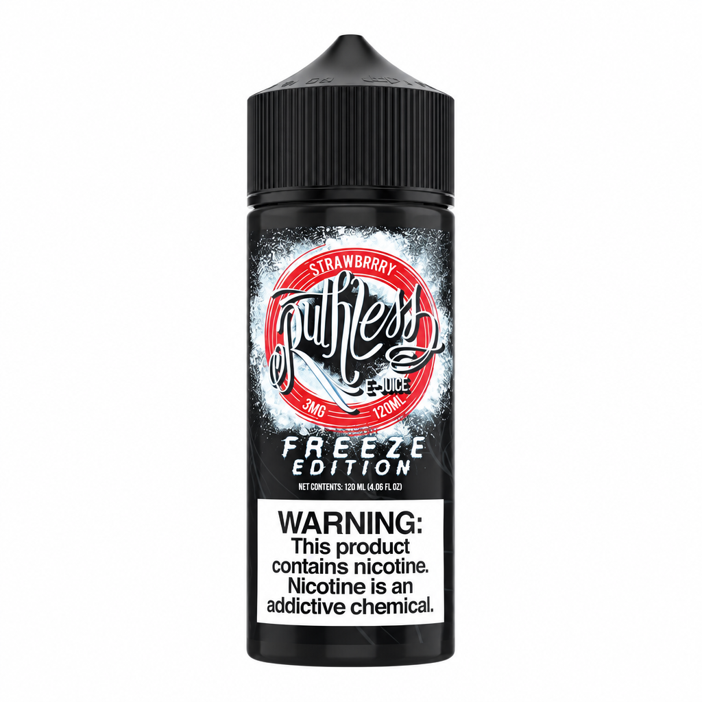 A 500ml black plastic bottle of Truth Fresh Freeze Edition e-liquid, Strawberry flavor, with a black ribbed cap and a white warning label on the front.