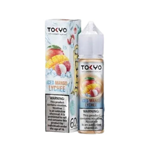 Tokyo Classic Series 12 MG Iced Mango Lychee e-liquid bottle and packaging box displayed on a light blue ice platform with graphic ice crystals. The box and bottle feature illustrations of mango and lychee fruits.