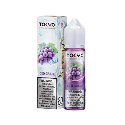 Tokyo Classic Series 12 MG Iced Grape e-liquid bottle and packaging box displayed on a light blue ice platform with icy graphic effects. The bottle and box feature purple grape illustrations and the Tokyo brand name.