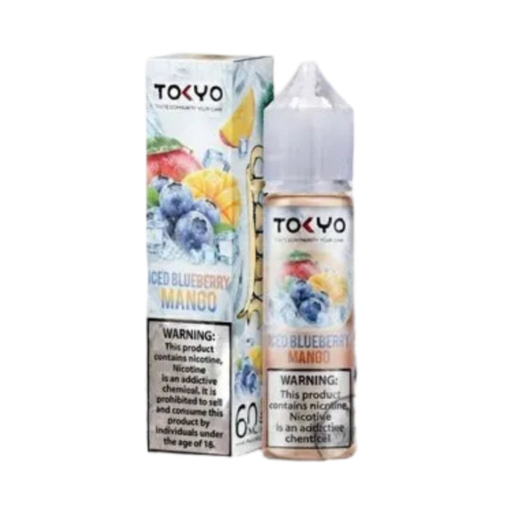 Tokyo Classic Series 12 MG Iced Blueberry Mango e-liquid bottle and packaging box displayed on a clear acrylic stand with icy crystal graphics on a white background.