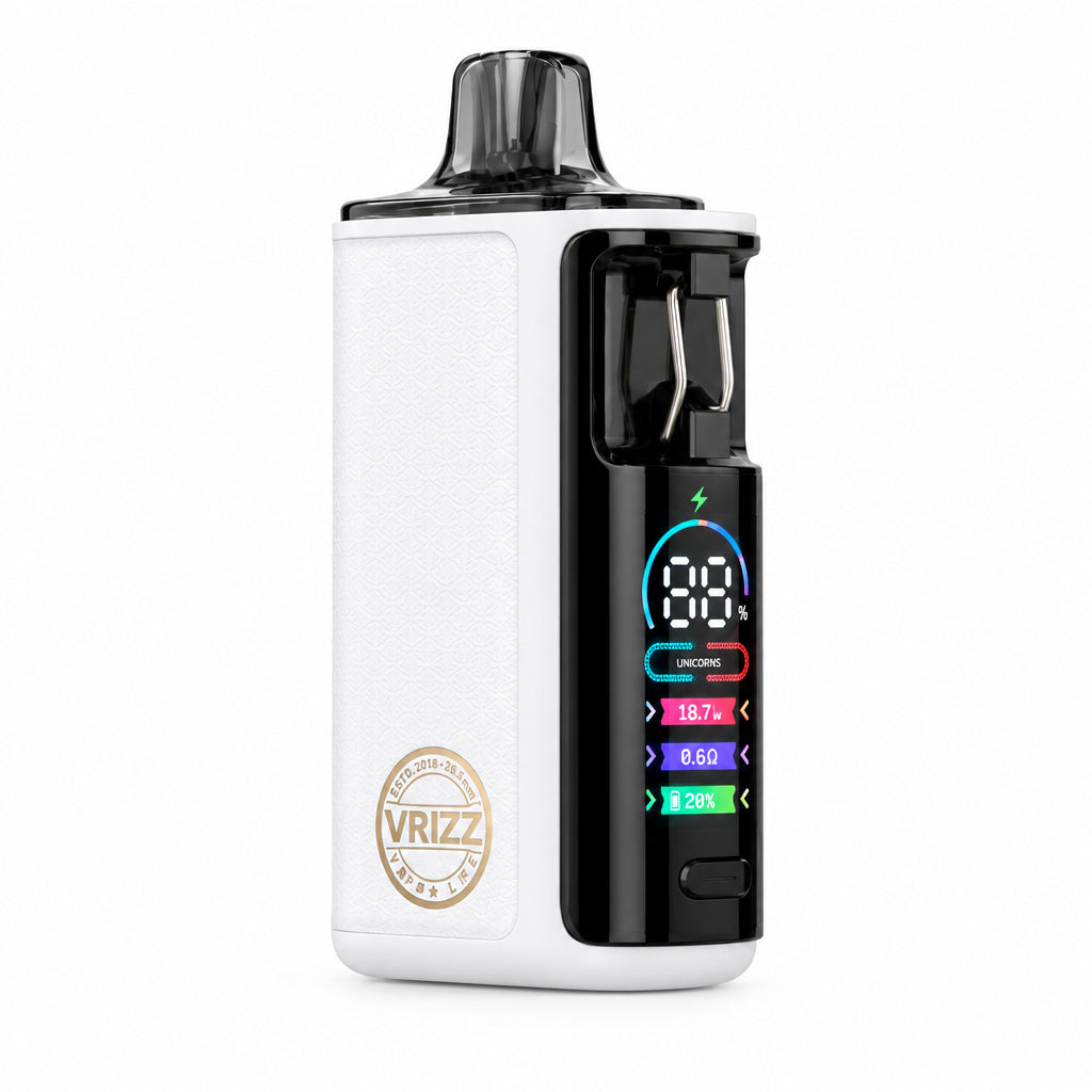 A VRIZZ vape device in white leather, featuring a textured white body, a black side panel with a digital display screen, and a black mouthpiece. The text 'White Leather' is printed below the device on a plain white background.