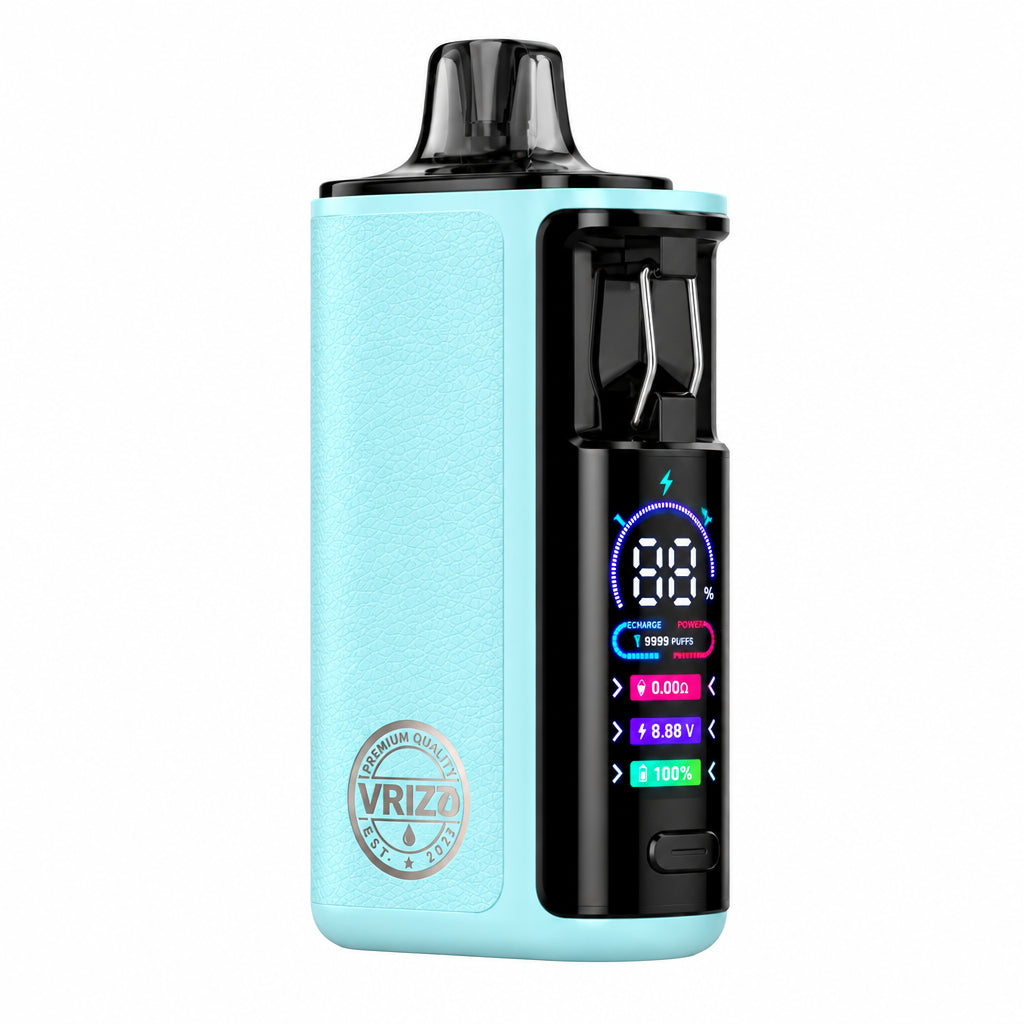 A VRIZZ vape device in light blue leather, featuring a textured light blue body, a black side panel with a digital display screen, and a dark mouthpiece. The text 'Blue Leather' is printed below the device on a plain white background.