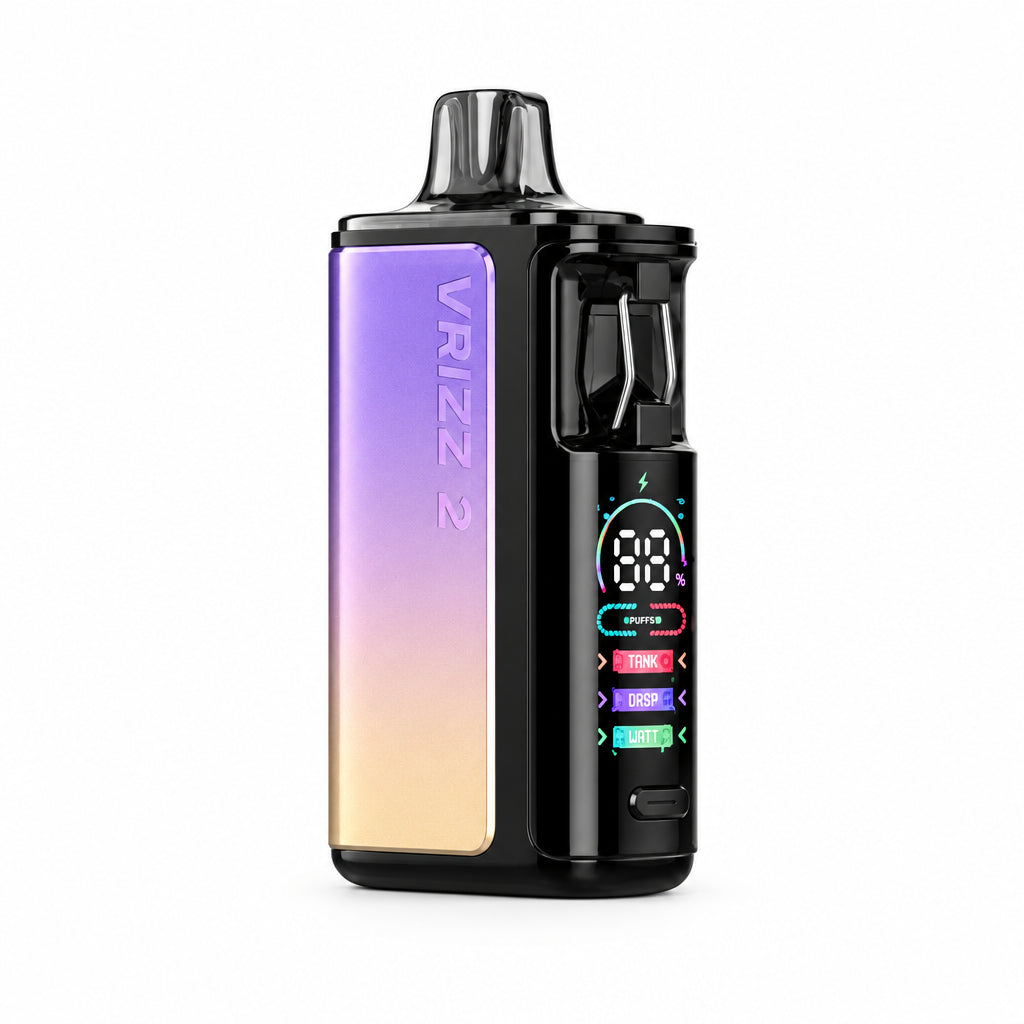 A VOOPOO Vizz 2 disposable vape device in 'Sunset Purple' mode, featuring a vertical rectangular body with a purple-to-beige gradient panel on the left side and a black side panel with a digital display and colorful buttons. The product is shown on a plain white background with the text 'Sunset Purple' underneath.