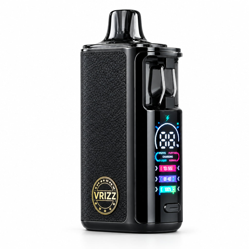A black leather-textured VRIZZ vape device with a digital display screen on the side, shown against a plain white background with the text 'Black Leather' underneath.