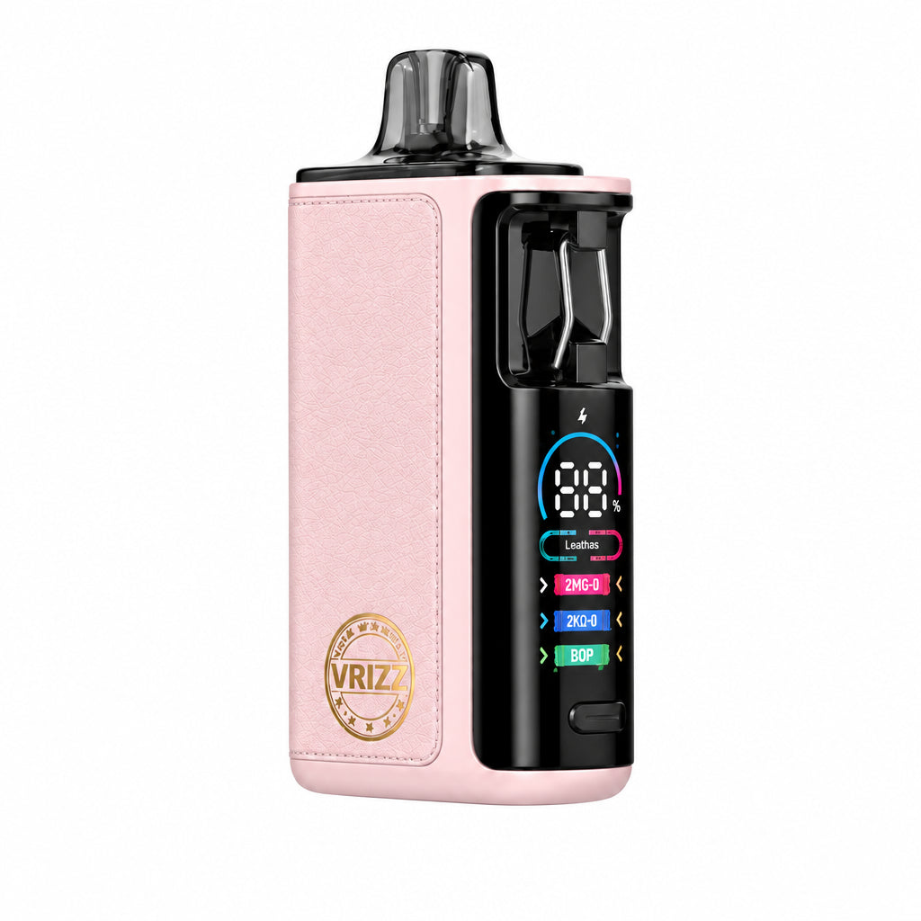 A pink leather vape device with a black side panel, digital screen, and mouthpiece, shown on a white background with the text 'Pink Leather' below.