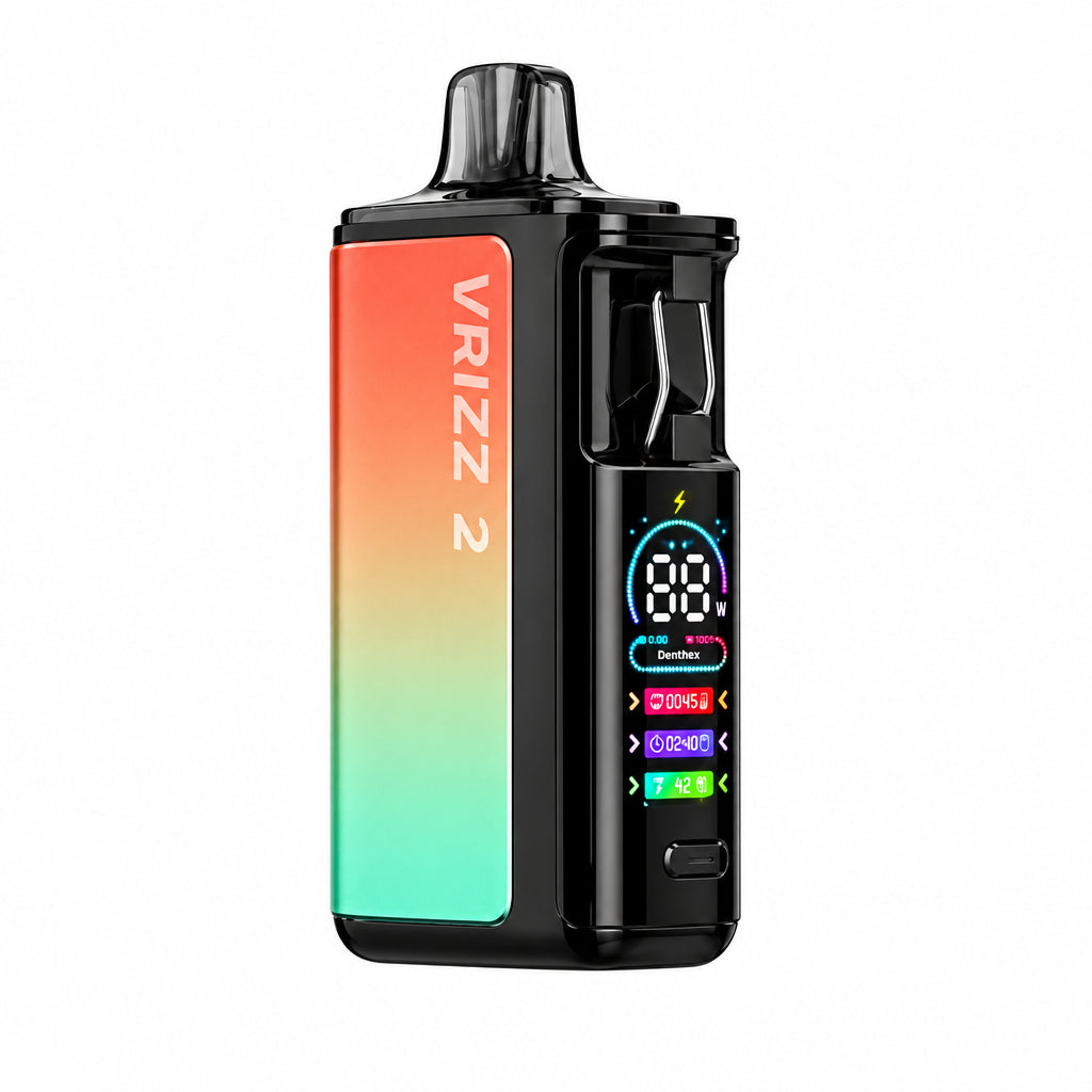 A Vizz 2 disposable vape device in 'Sunrise Green' featuring a vertical orange-to-green gradient panel on its side, set against a plain white background with a soft shadow.