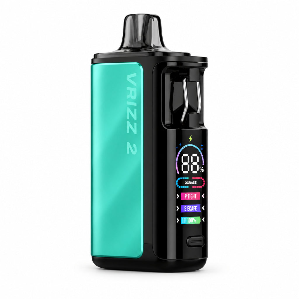 A VRIZZ 2 vape device in the 'Azure' colorway, featuring a metallic teal-green side panel and a black body with a digital display screen and colorful buttons, shown on a plain white background with the text 'Azure' below.
